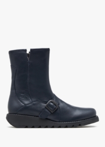 FLY LONDON Sabe Navy Leather Low Wedge Ankle Boots