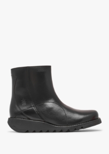 FLY LONDON Sagu Black Leather Low Wedge Ankle Boots