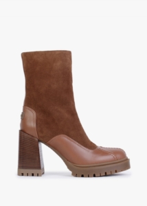 FURLA Climb Mid Length Cognac Suede Block Heel Platform Boots
