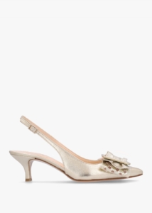 DANIEL Galina Gold Leather Raffia Bow Heeled Sling Backs 