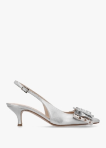 DANIEL Galina Silver Leather Raffia Bow Heeled Sling Backs 
