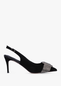 DANIEL Samantha Black Suede Diamante Buckle Heeled Sling Backs 