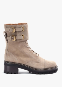 SEE BY CHLOE Mallory Beige Suede Buckled Biker Boots
