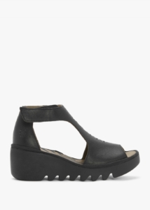 FLY LONDON Bezo Black Leather Wedge Sandals Colour: Black Leather, Siz
