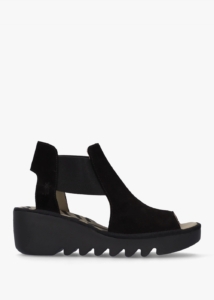 FLY LONDON Biga Black Suede Wedge Sandals Colour: Black Leather, 