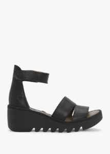 FLY LONDON Bono Black Tumbled Leather Low Wedge Sandals Colour: Black