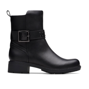 Clarks Women's Hearth Buckle Black Leather Ankle Boots