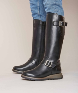 Women's Black Long Leather Wedge Boots Stargazer Black | 