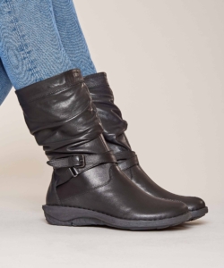 Women's Black Slouchy Mid-Length Leather Boots Teacake Black | 