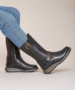 Women's Black Wedge Mid-Length Leather Boots Nightjar Black | 