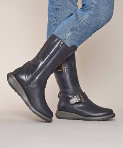 Women's Blue Wedge Mid-Length Leather Boots Nightjar Navy | 